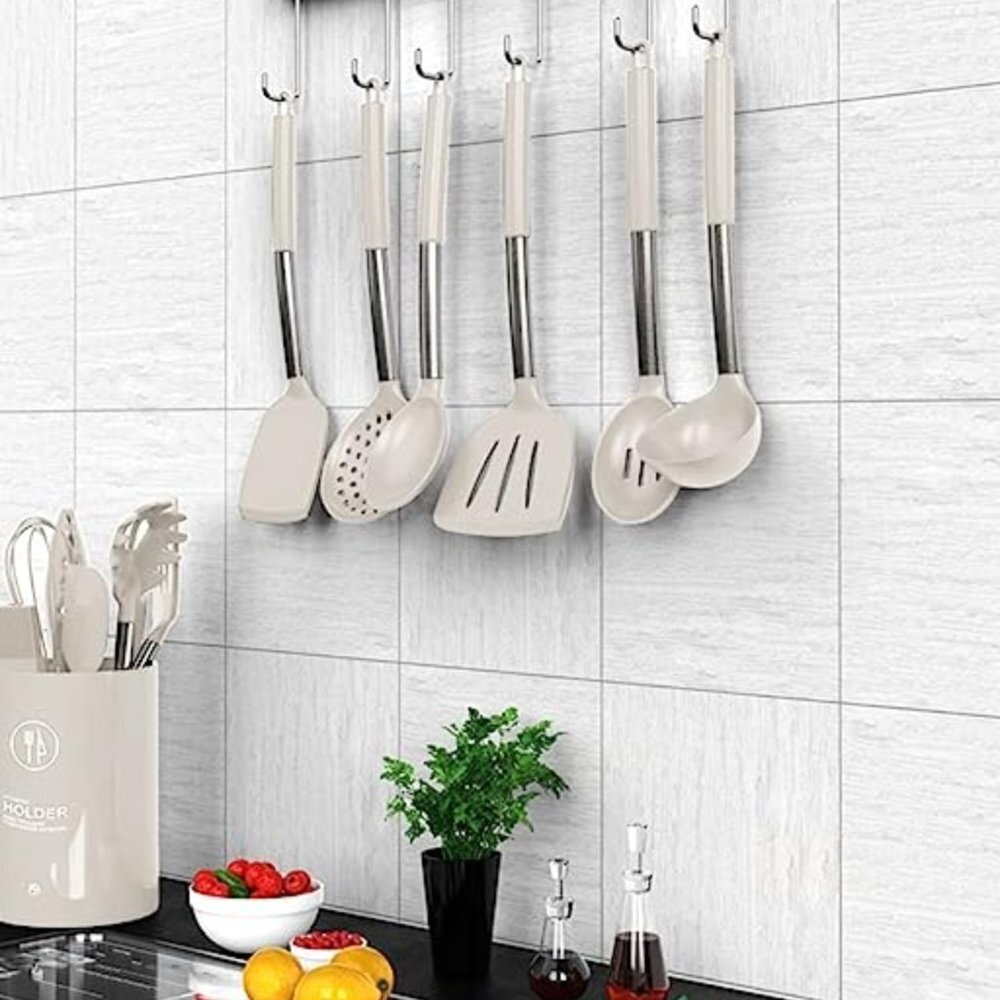 New Silicone Cooking Utensils Set Stainless Steel and Khaki Taupe